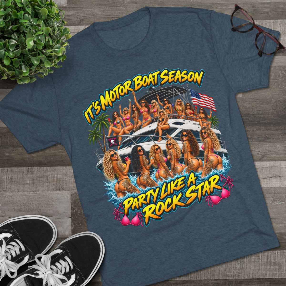 Motor Boat Season Party Tee — "Party Like a Rock Star" Graphic Shirt