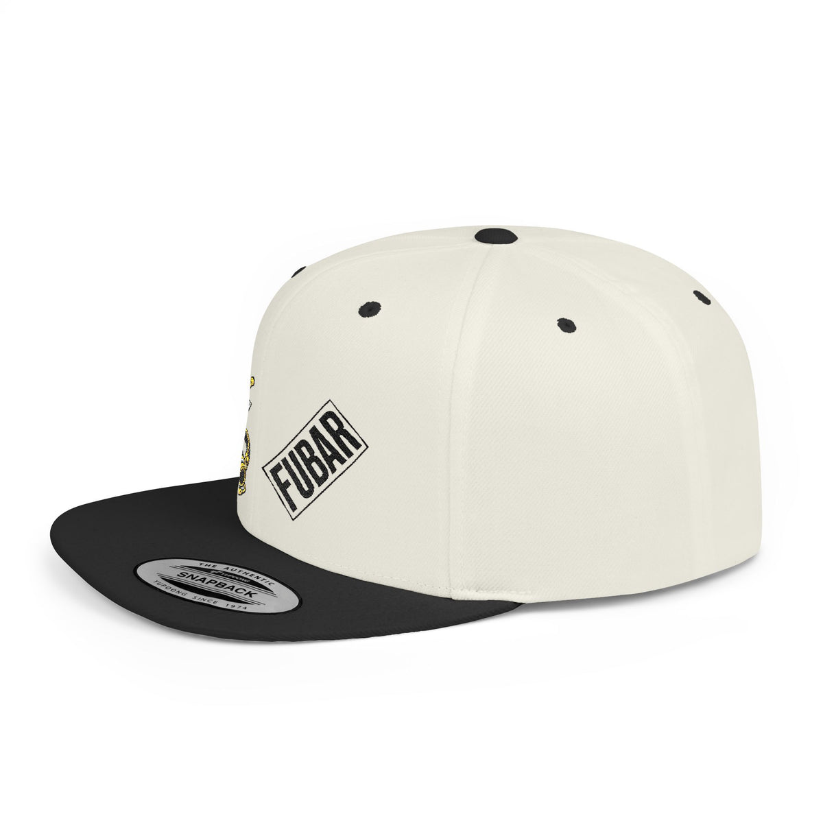 Flat Bill Snapback Hat — FUBAR Patch & Yellow Cartoon Design