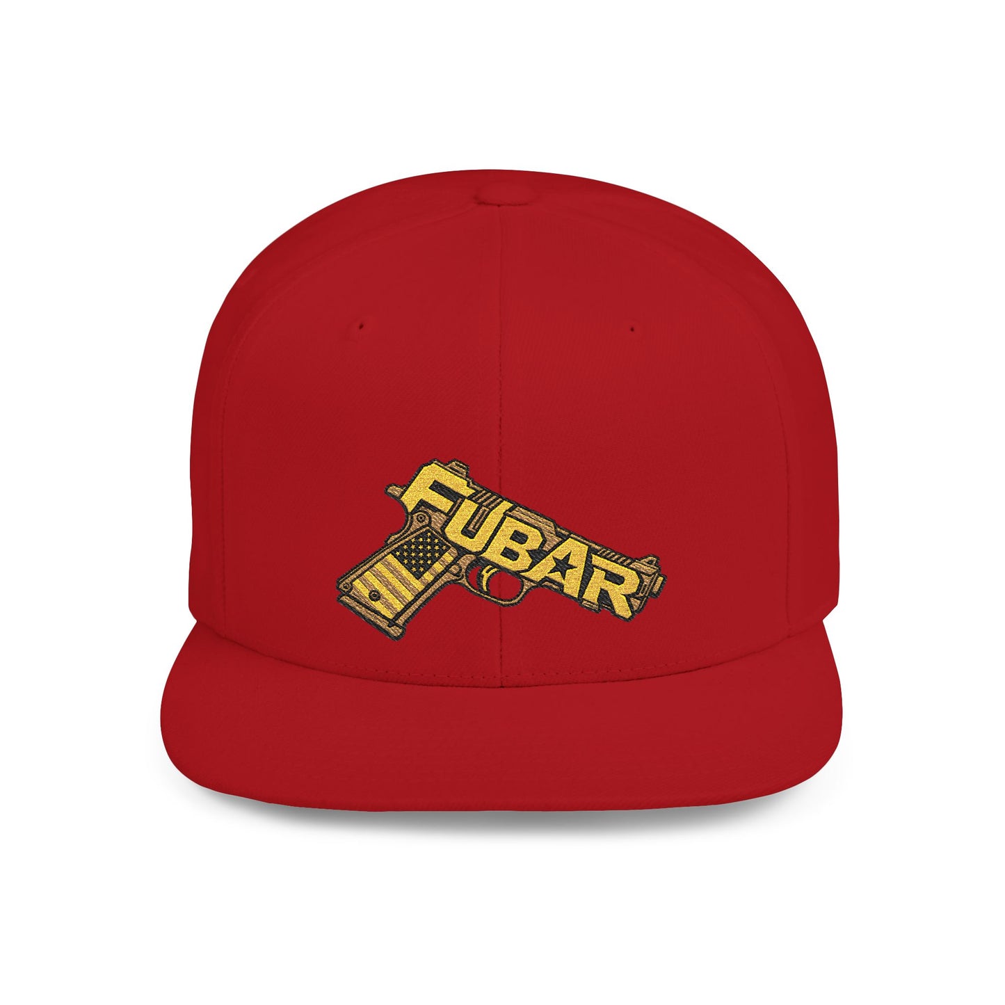 Snapback Hat — Gold 'FUBAR' Gun Embroidery