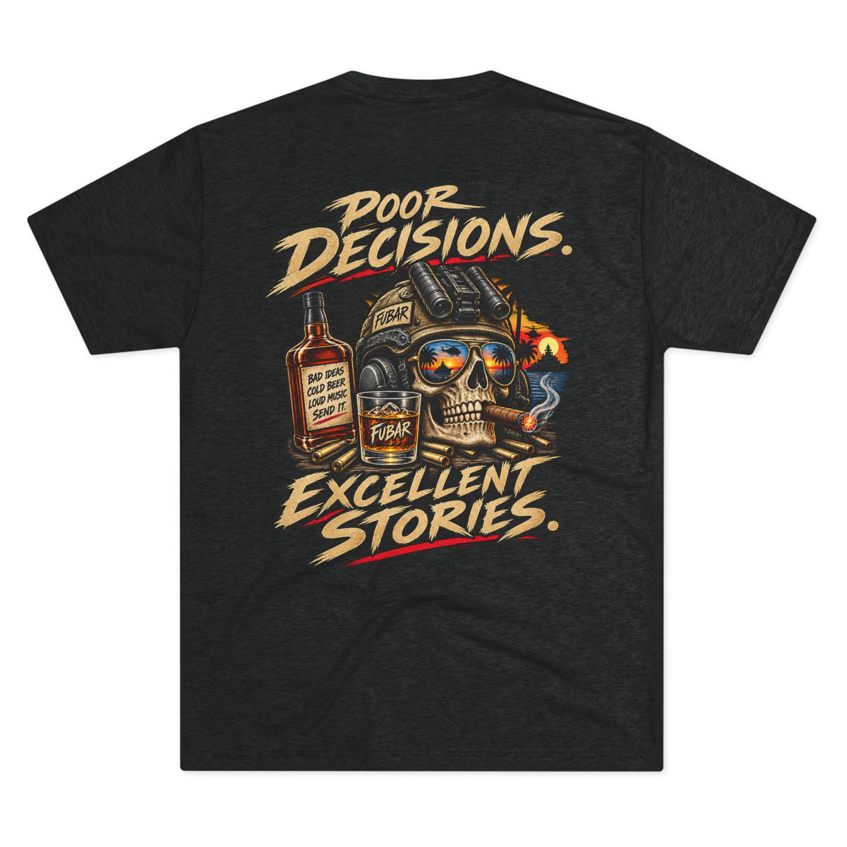 Poor Decisions, Excellent Stories Skull T‑Shirt