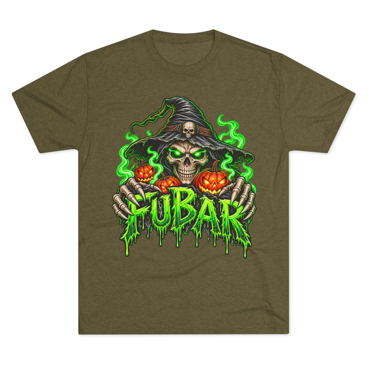 FUBAR Halloween Skull Tee — Neon Green Witch & Jack-o'-Lantern