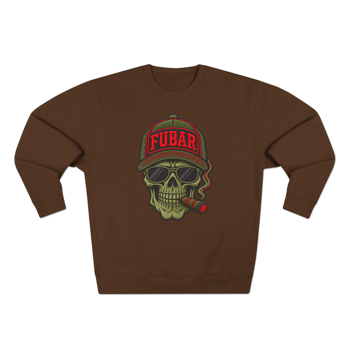 FUBAR Skull Crewneck Sweatshirt — Graphic Skull with Cap & Cigar