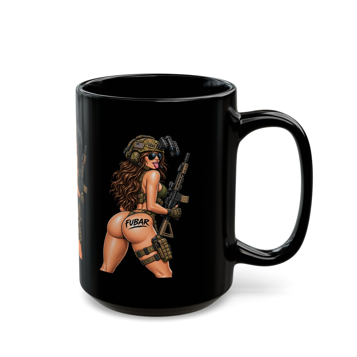 FUBAR Pin-Up Tactical Girl Black Coffee Mug (11oz/15oz)