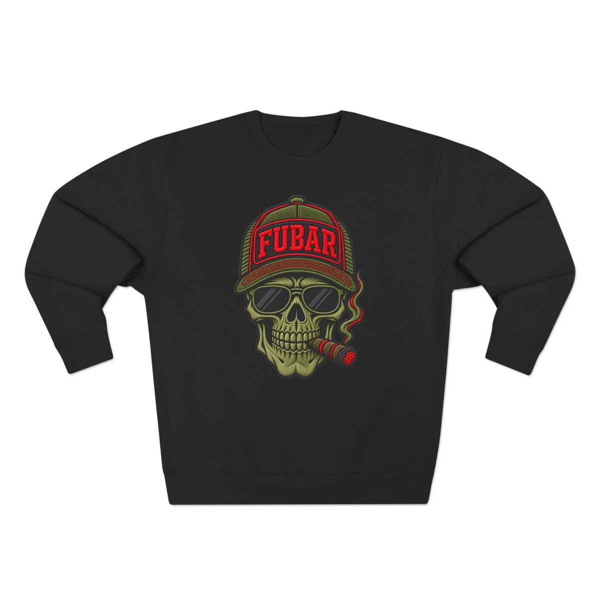 FUBAR Skull Crewneck Sweatshirt — Graphic Skull with Cap & Cigar