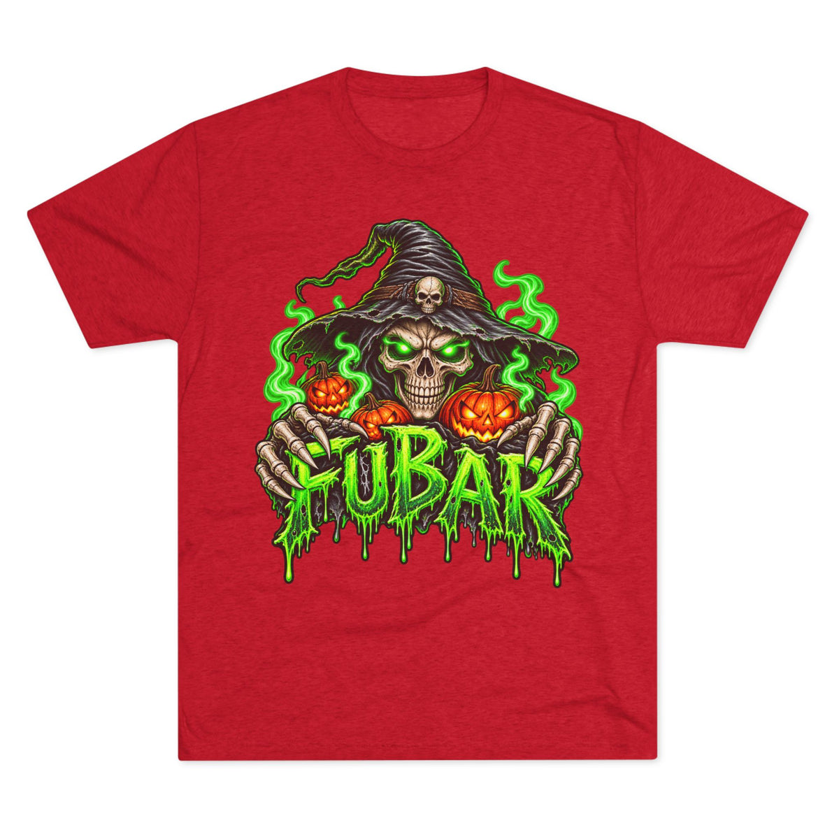 FUBAR Halloween Skull Tee — Neon Green Witch & Jack-o'-Lantern