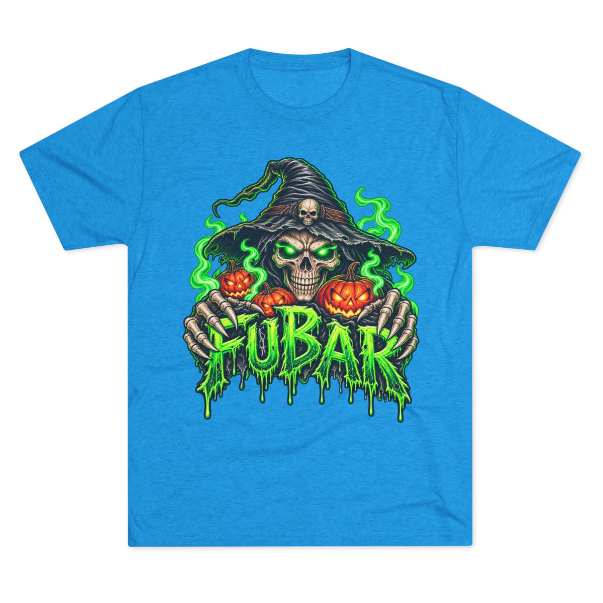 FUBAR Halloween Skull Tee — Neon Green Witch & Jack-o'-Lantern