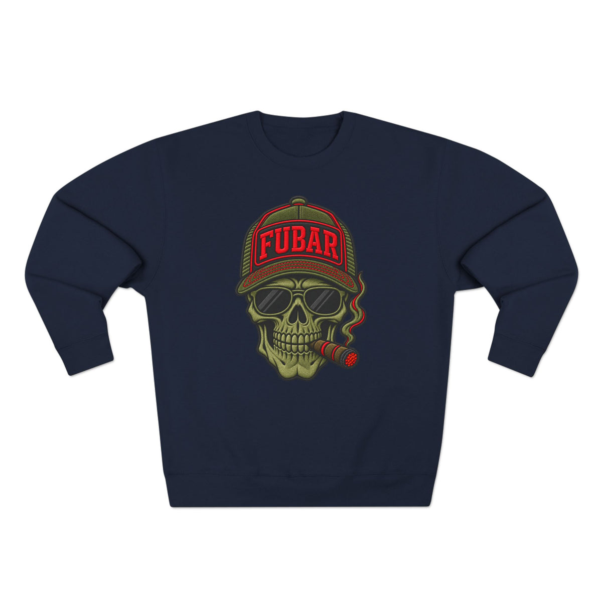 FUBAR Skull Crewneck Sweatshirt — Graphic Skull with Cap & Cigar