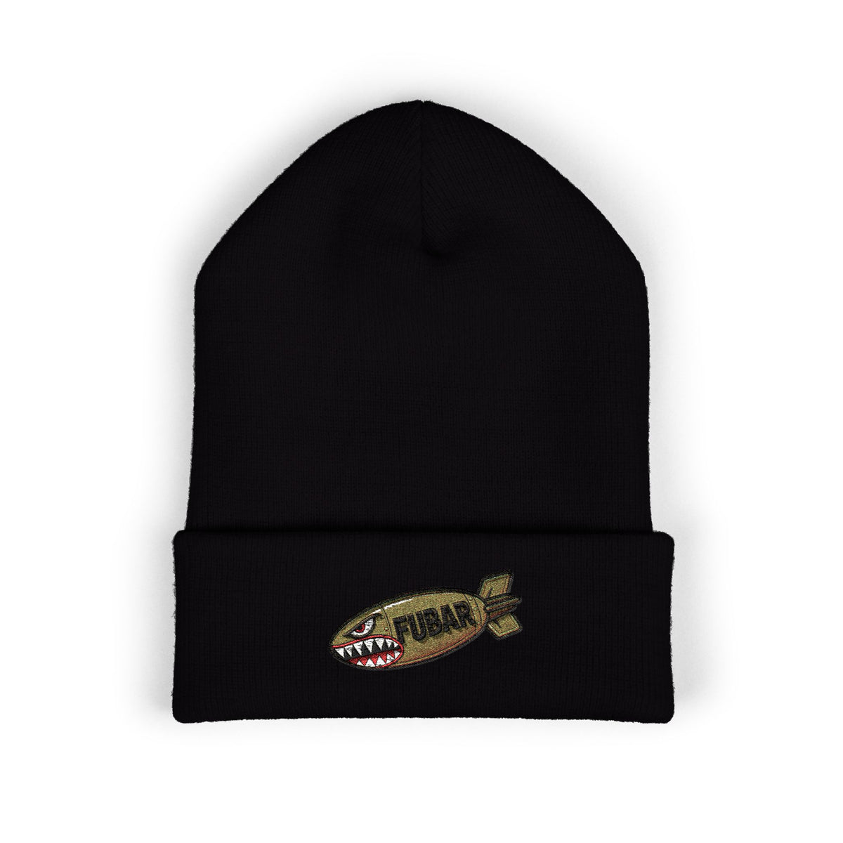 Embroidered Shark Bomb Cuffed Beanie — Yellow Cold-Weather Knit Hat