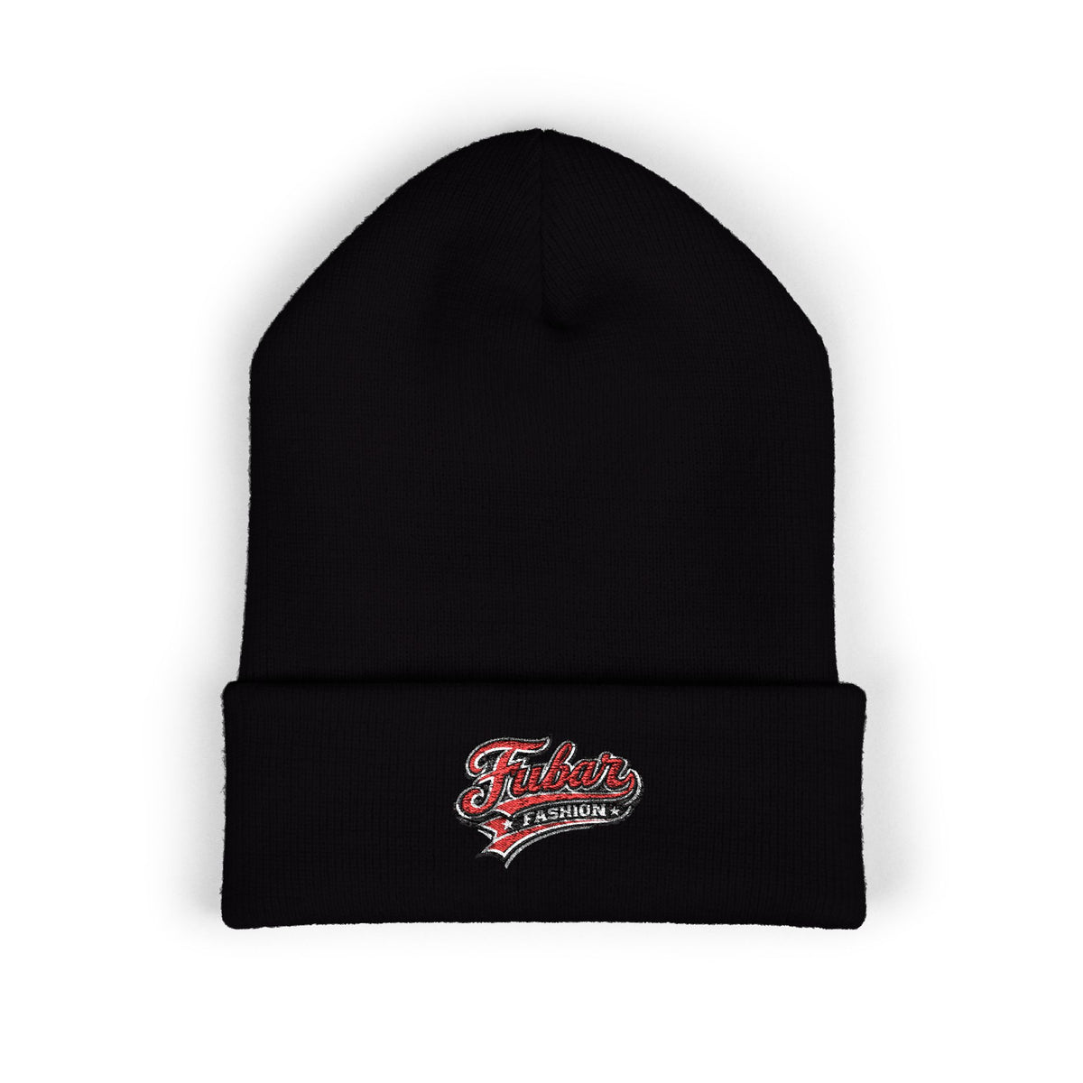 Embroidered Retro Script Beanie — Classic Cuffed Knit Hat
