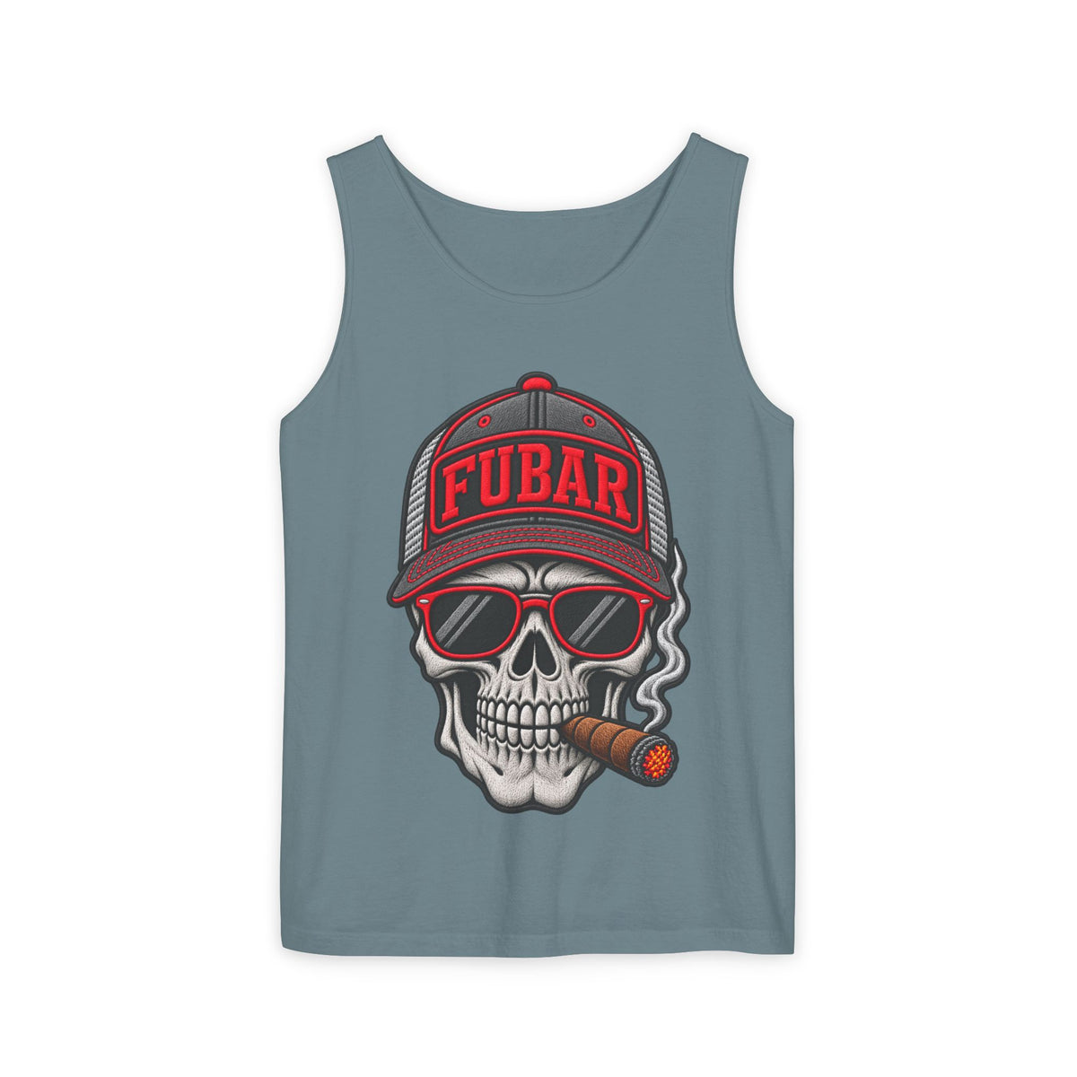FUBAR Skull Tank Top — Cigar-Smoking Skull with Trucker Hat & Rifle Logo