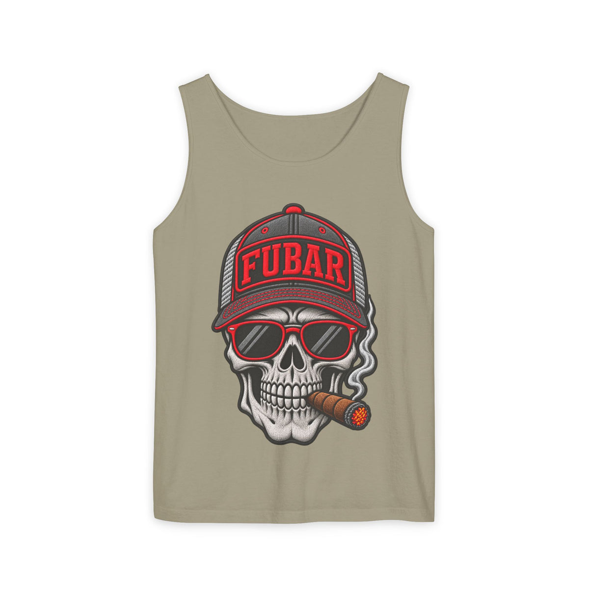 FUBAR Skull Tank Top — Cigar-Smoking Skull with Trucker Hat & Rifle Logo