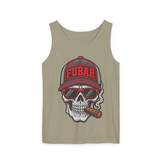 FUBAR Skull Tank Top — Cigar-Smoking Skull with Trucker Hat & Rifle Logo
