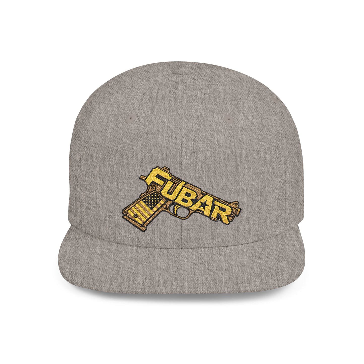 Snapback Hat — Gold 'FUBAR' Gun Embroidery
