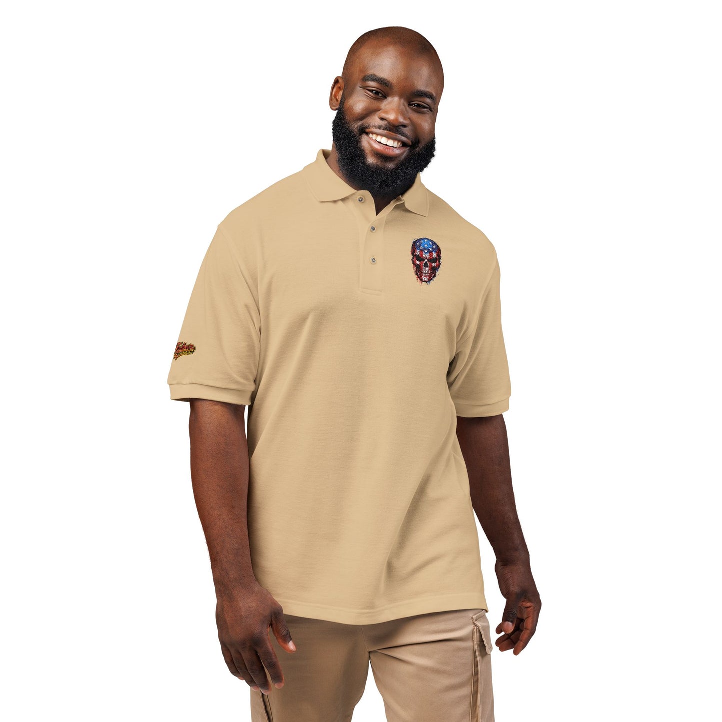 Embroidered American Flag Skull Polo