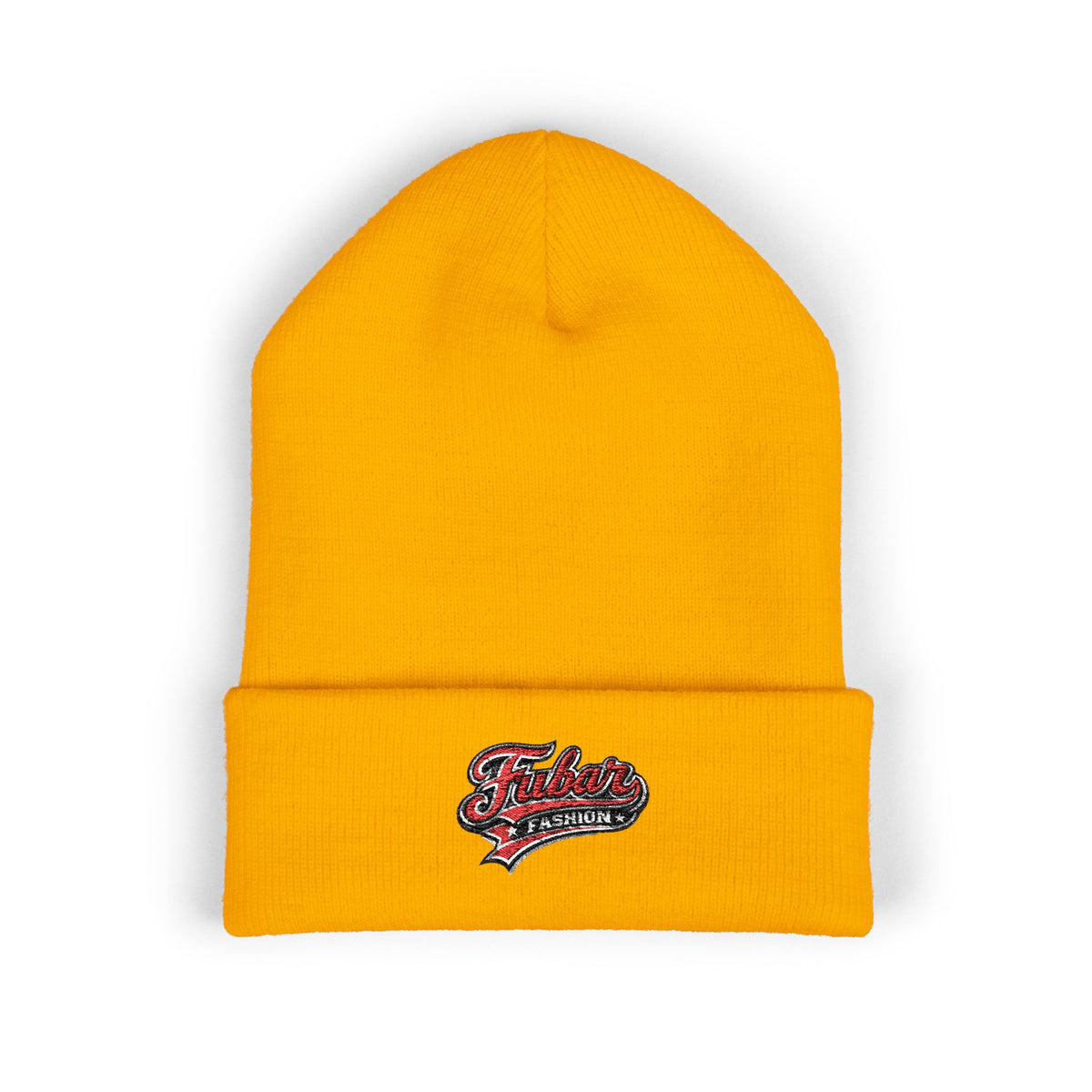 Embroidered Retro Script Beanie — Classic Cuffed Knit Hat