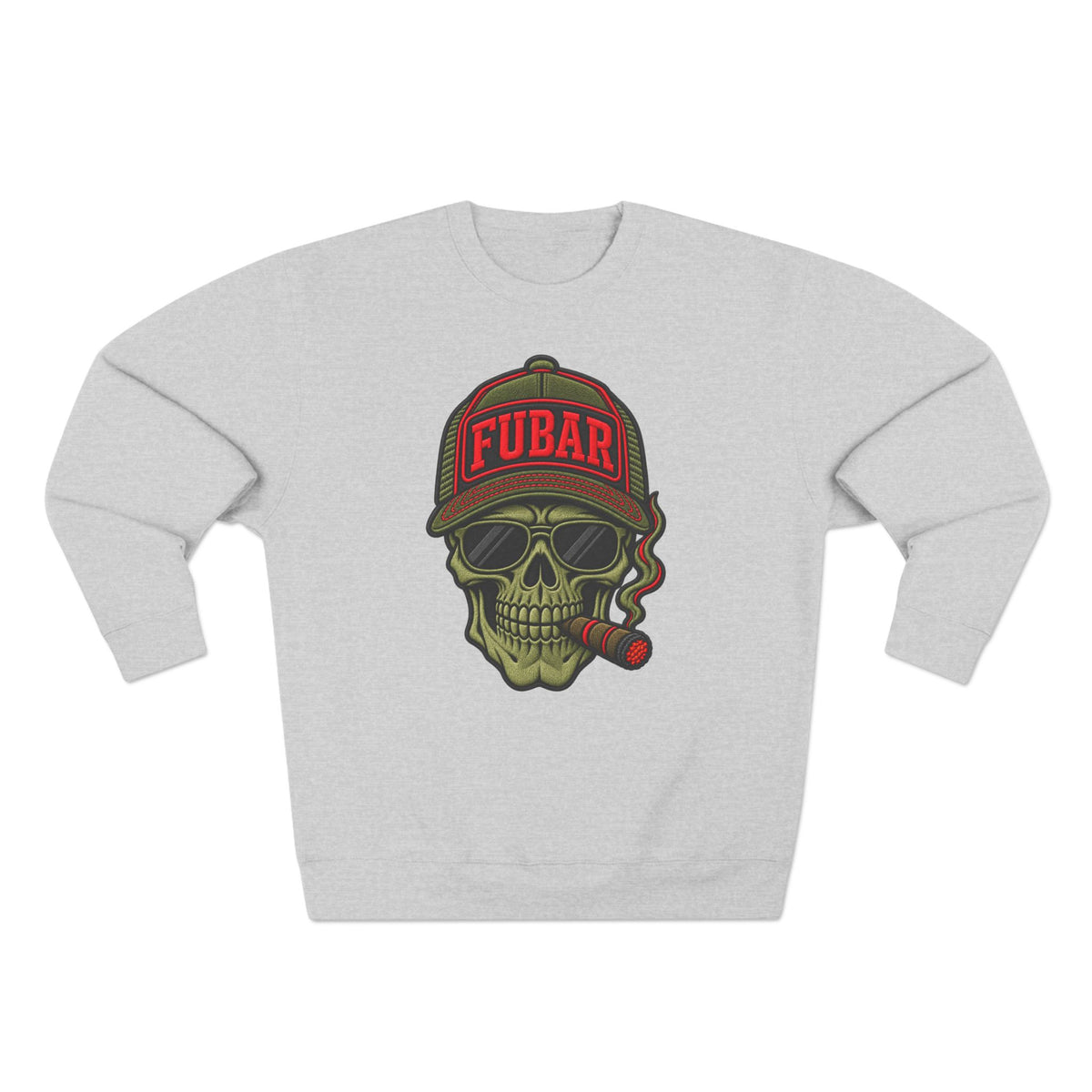 FUBAR Skull Crewneck Sweatshirt — Graphic Skull with Cap & Cigar