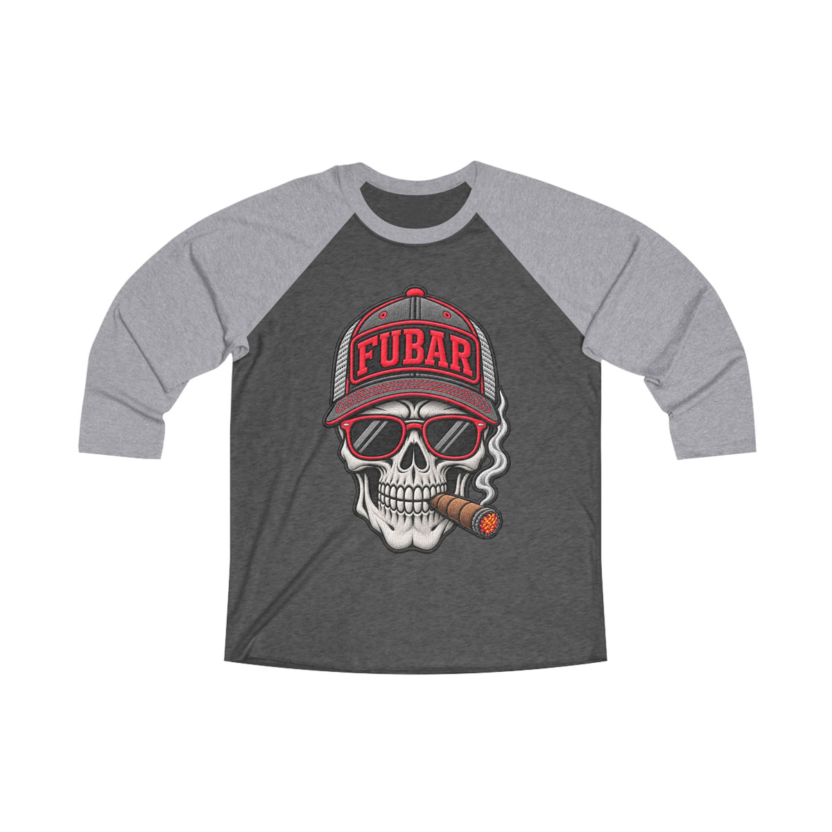 FUBAR Skull Raglan Tee — Retro Cigar-Smoking Skull Baseball Shirt