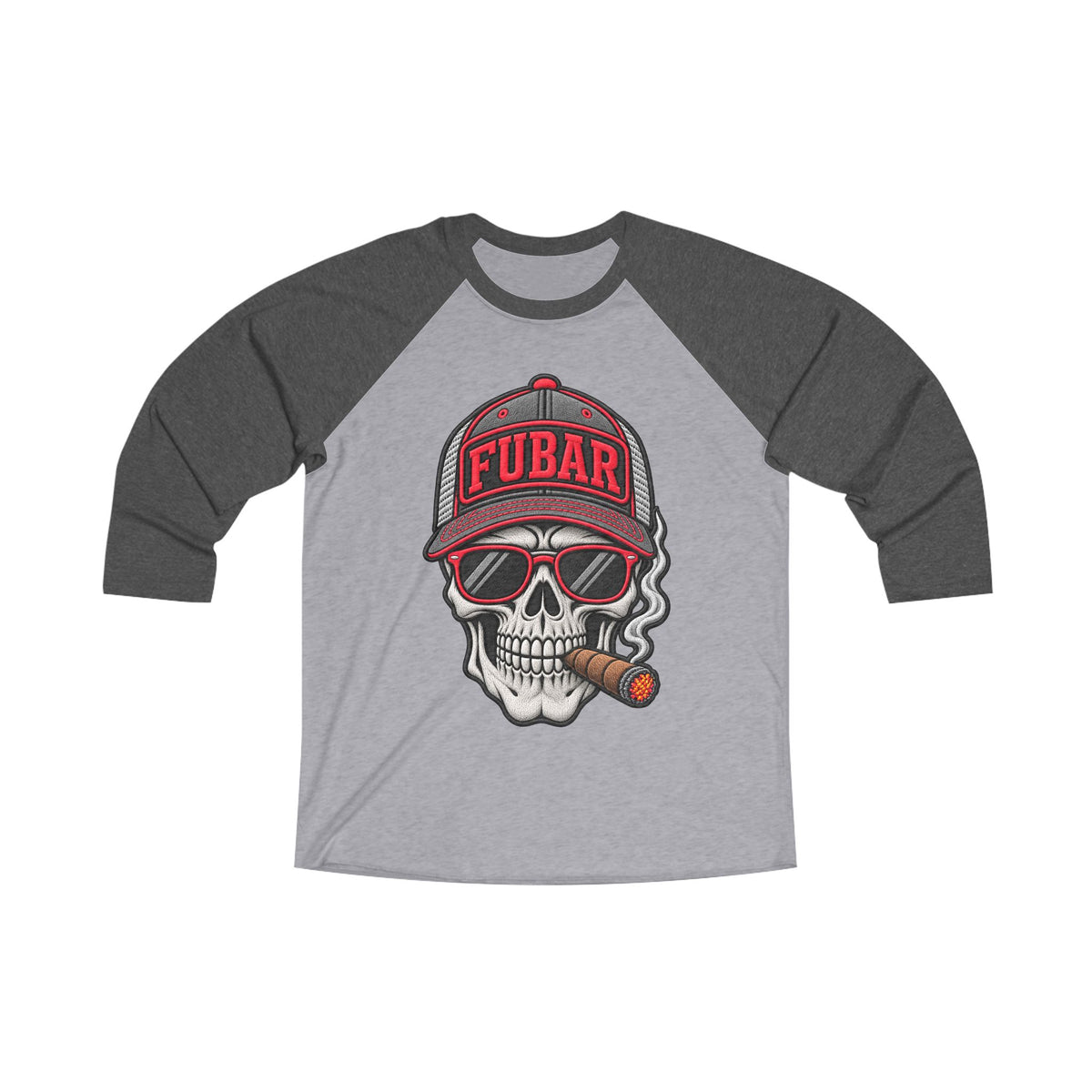 FUBAR Skull Raglan Tee — Retro Cigar-Smoking Skull Baseball Shirt