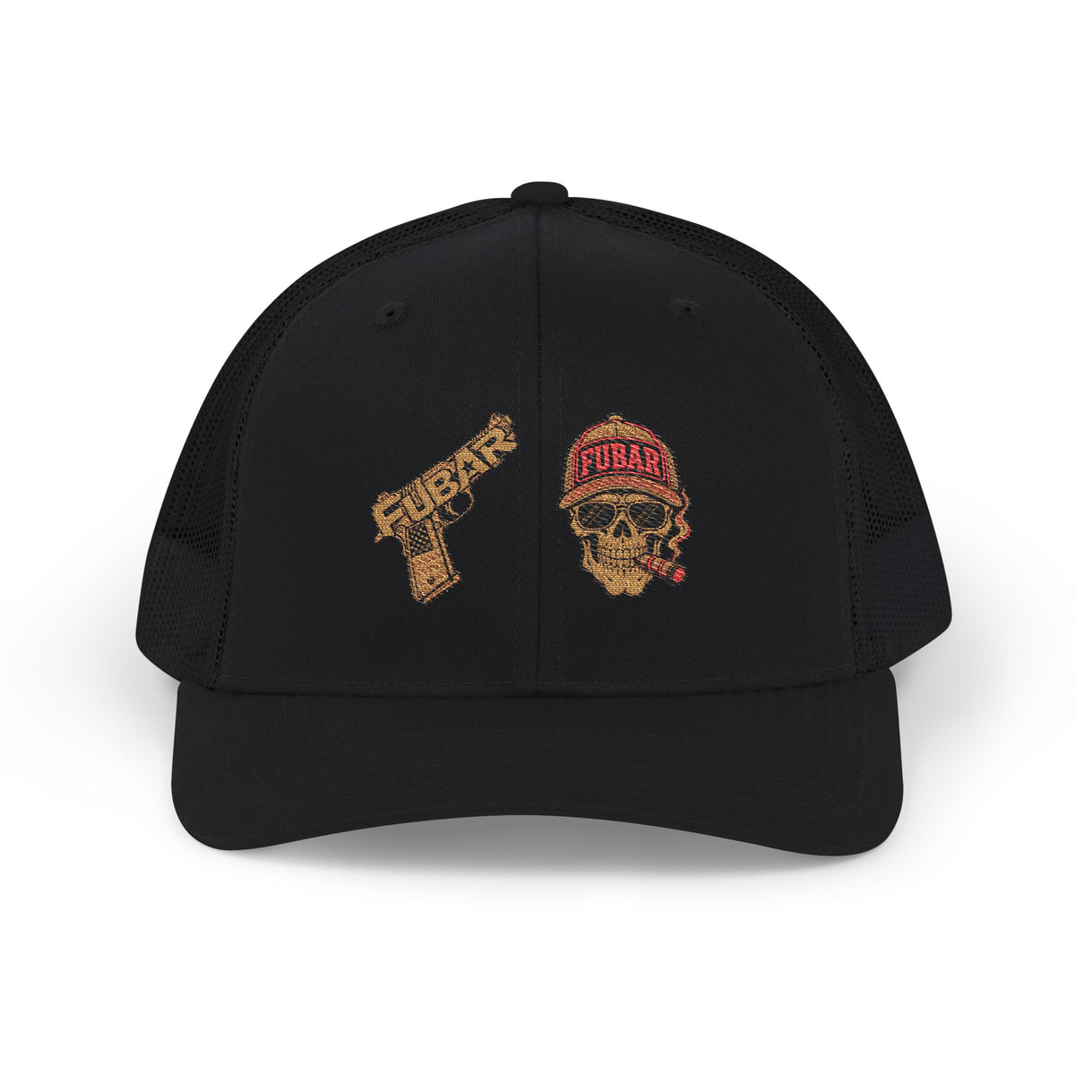 Richardson Trucker Cap — Gold Gun & Skull Patch (Embroidered)