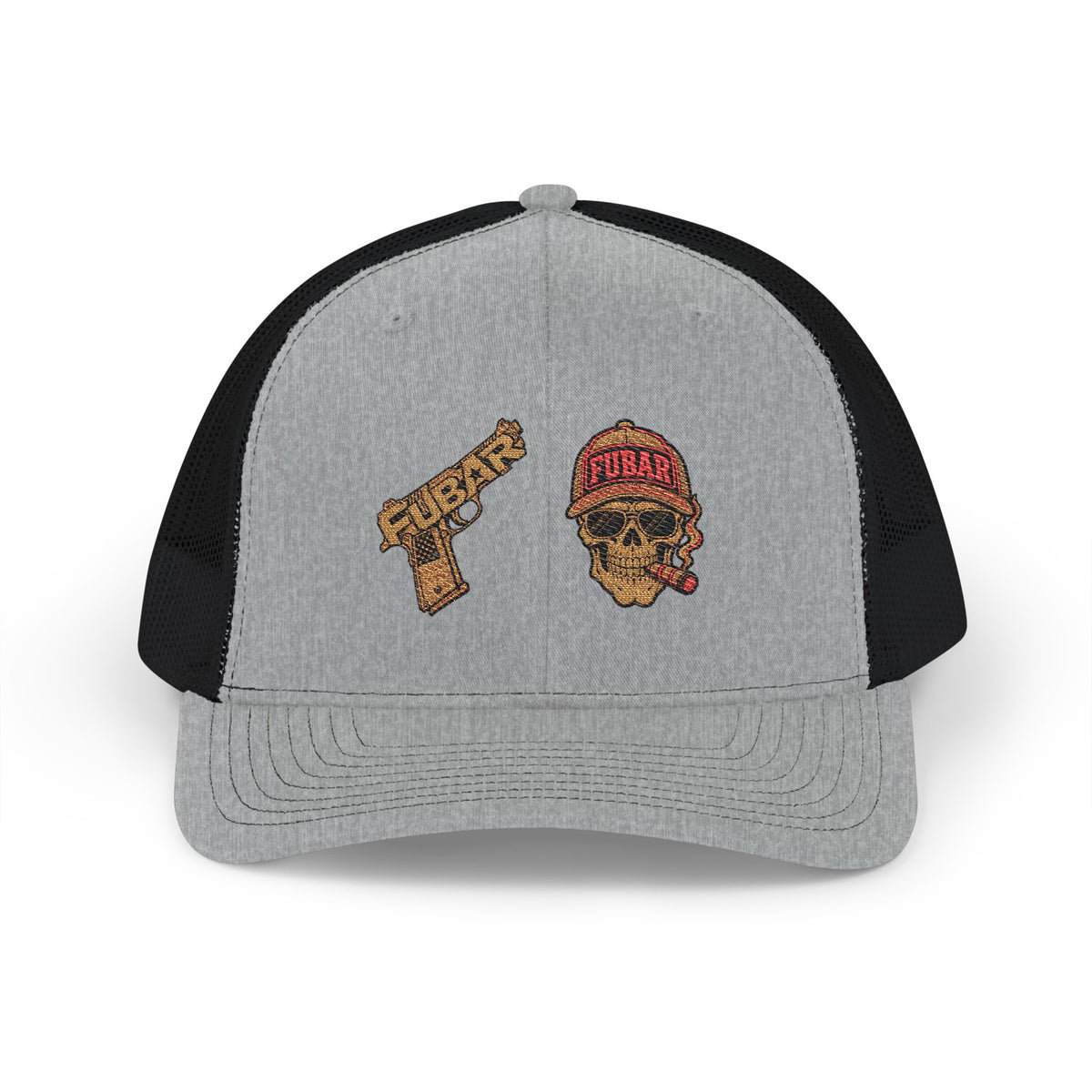 Richardson Trucker Cap — Gold Gun & Skull Patch (Embroidered)