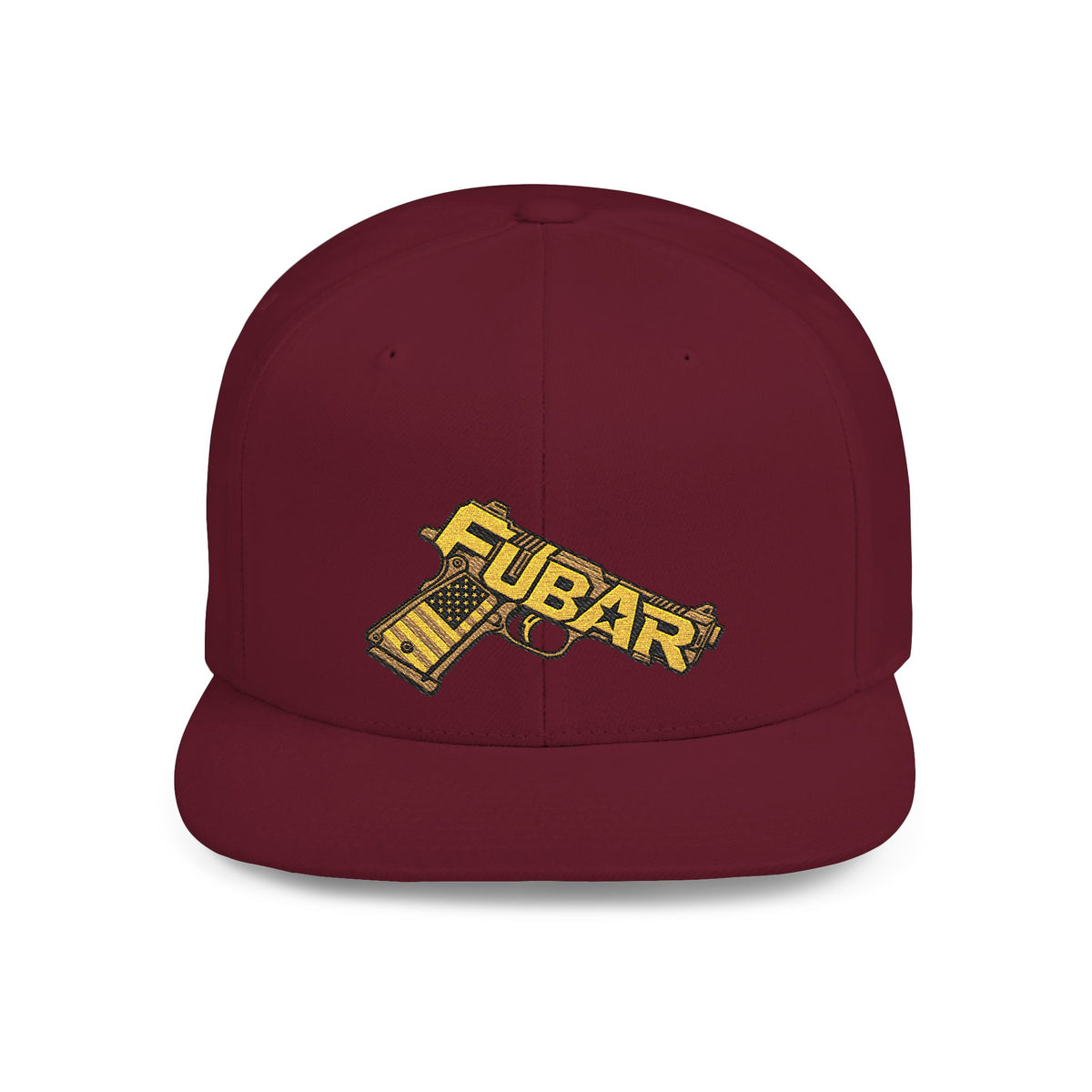 Snapback Hat — Gold 'FUBAR' Gun Embroidery