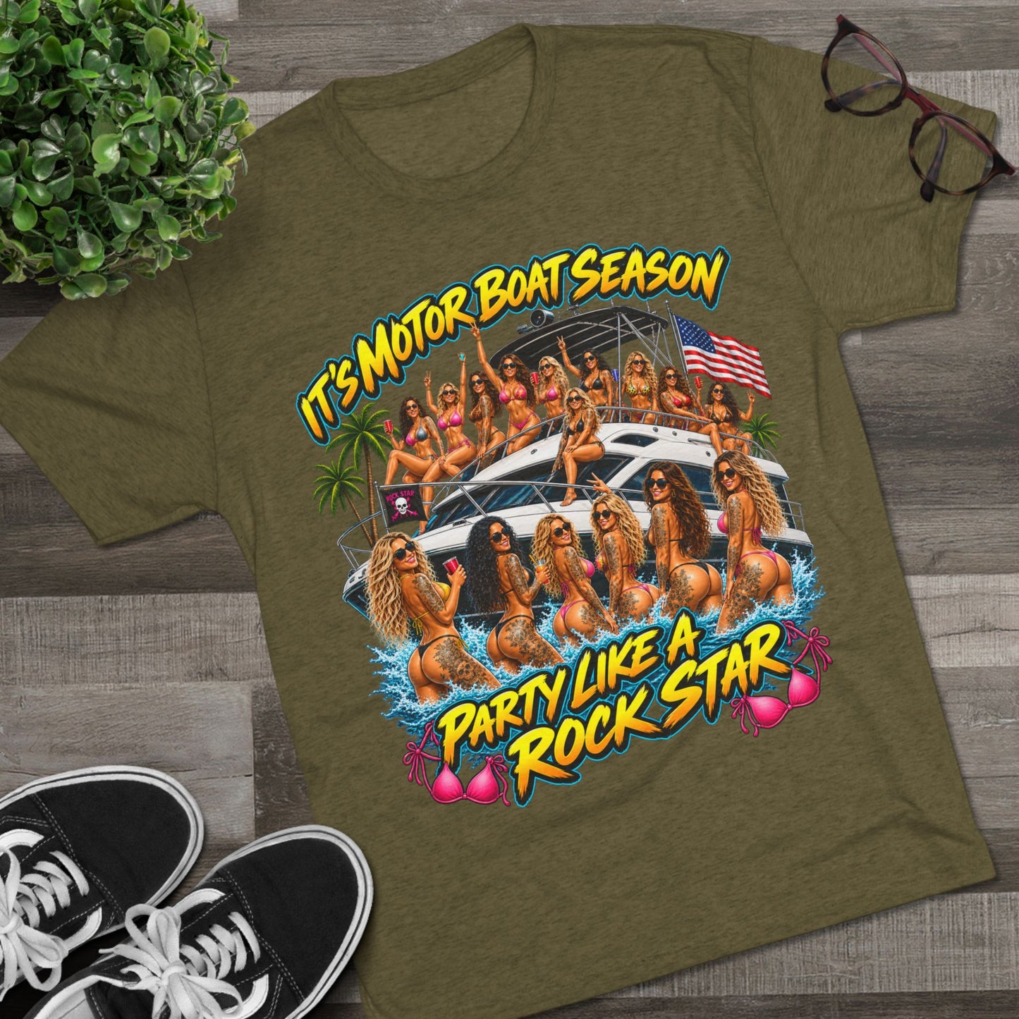 Motor Boat Season Party Tee — "Party Like a Rock Star" Graphic Shirt