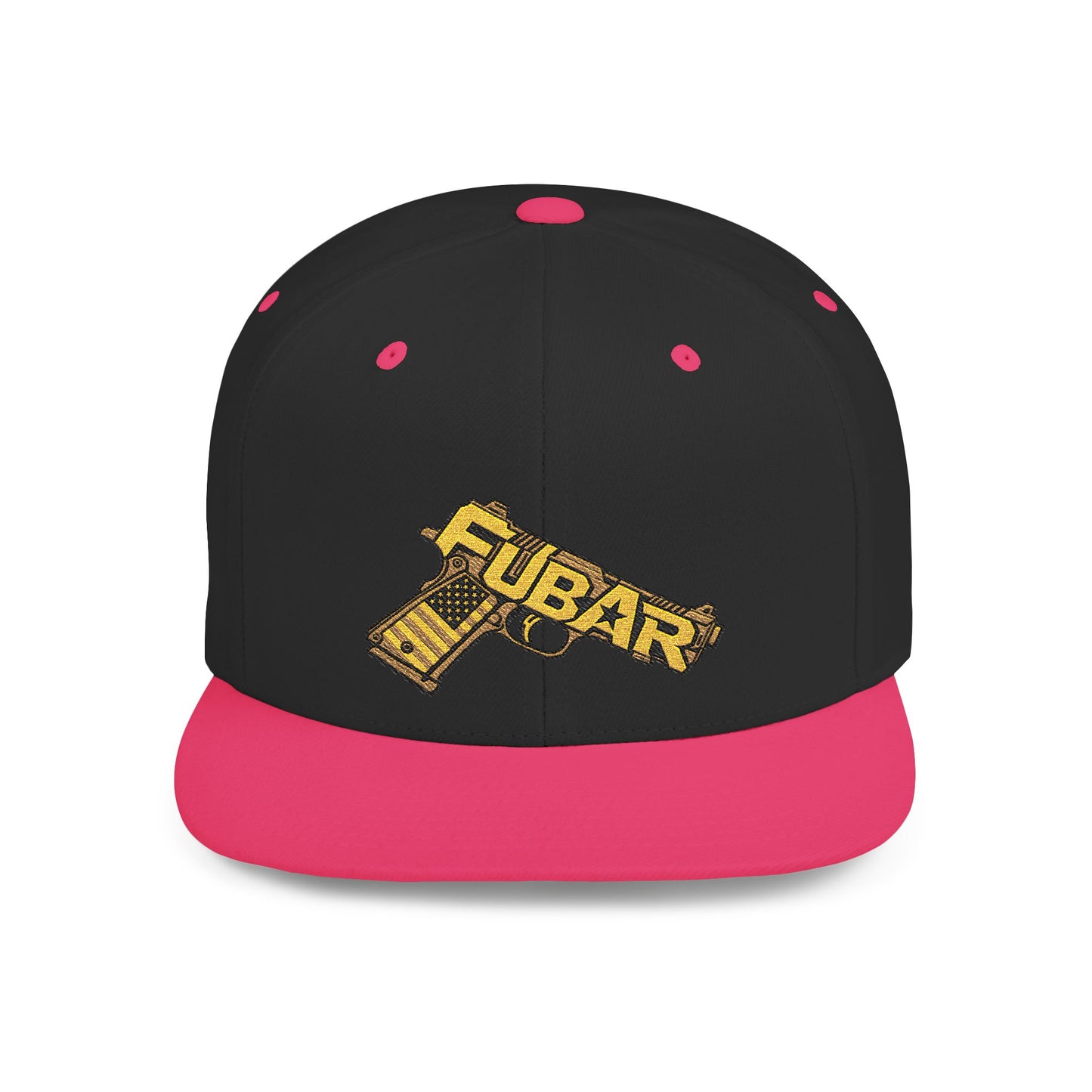 Snapback Hat — Gold 'FUBAR' Gun Embroidery
